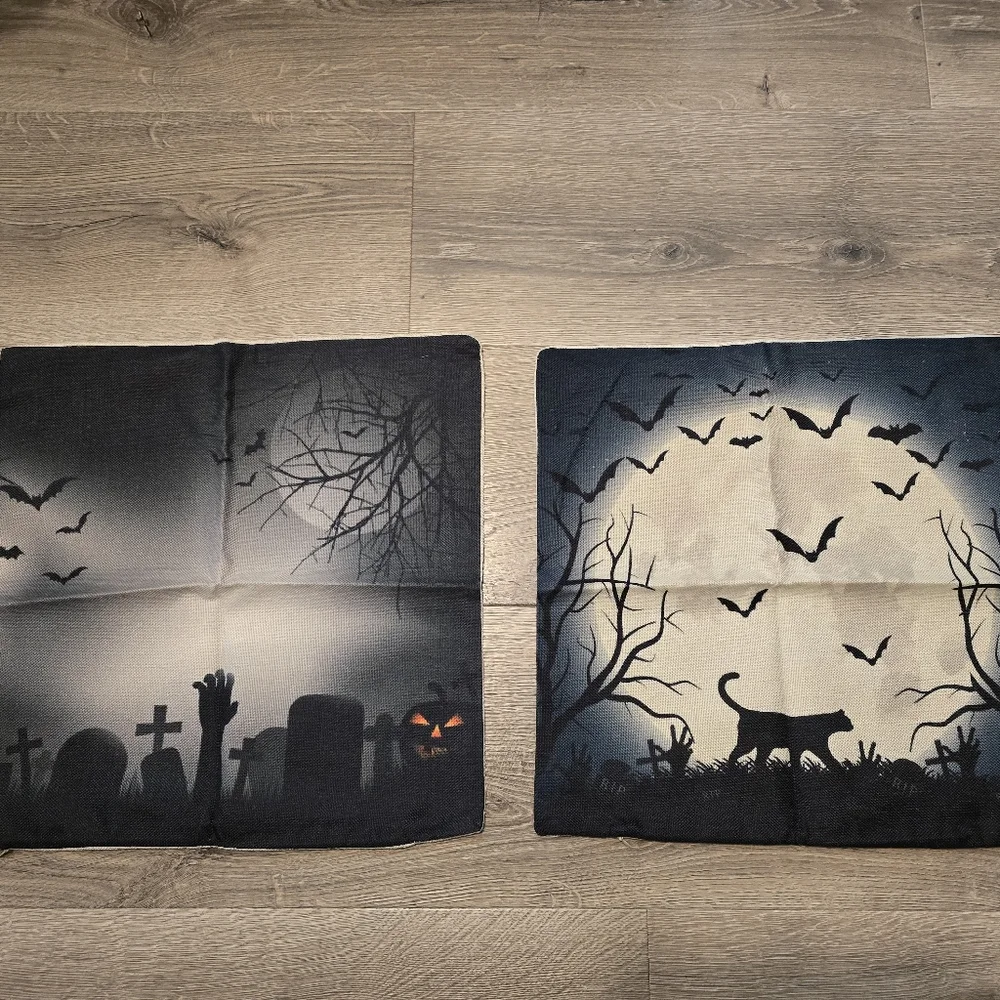 Set Of 2 Halloween Spooky Pillowcases Black Cat Moon Zombie Graveyard 17